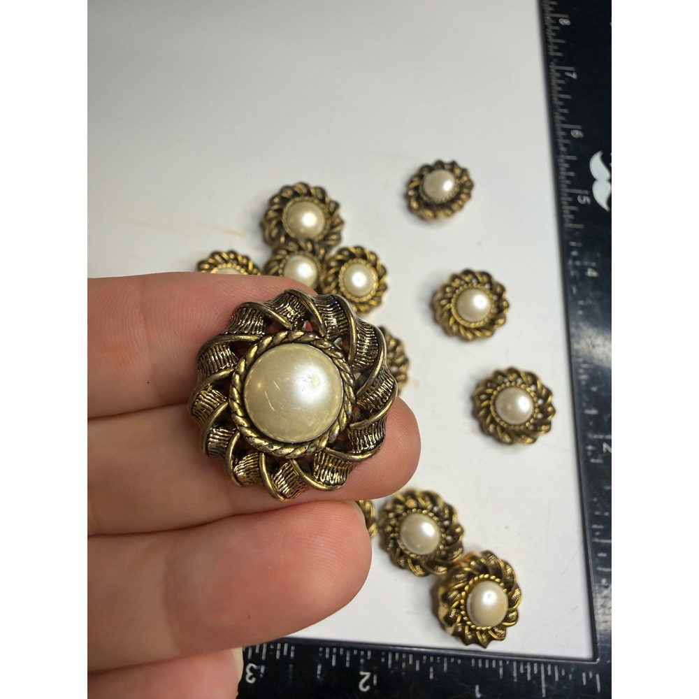 13pc Antique Brass Faux Pearl Shank Buttons 1 Inch Braided Rope Scalloped Edge